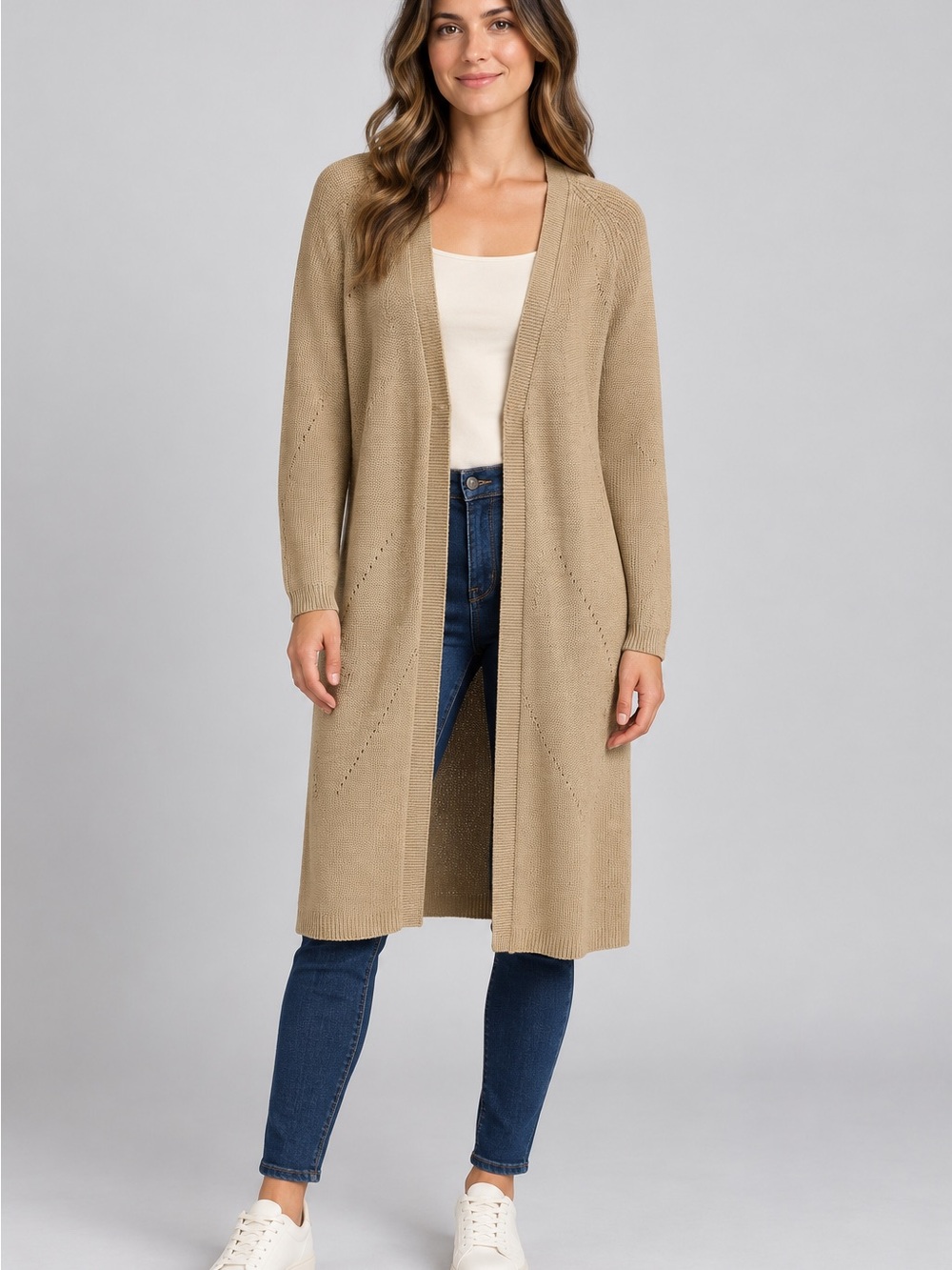 CAbi Long Open-Front Cardigan in Taupe XS